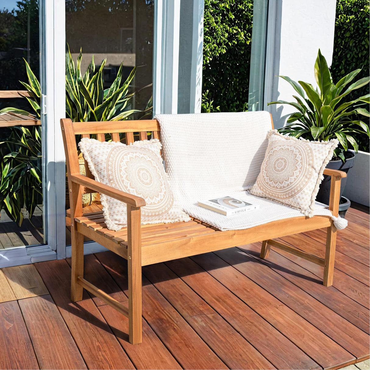 Greesum Outdoor Bench 2-Person Acacia Garden Chair Patio Porch Furniture with Foldable Small Table Plate for Deck, Yard, Balcony, Natural Greesum