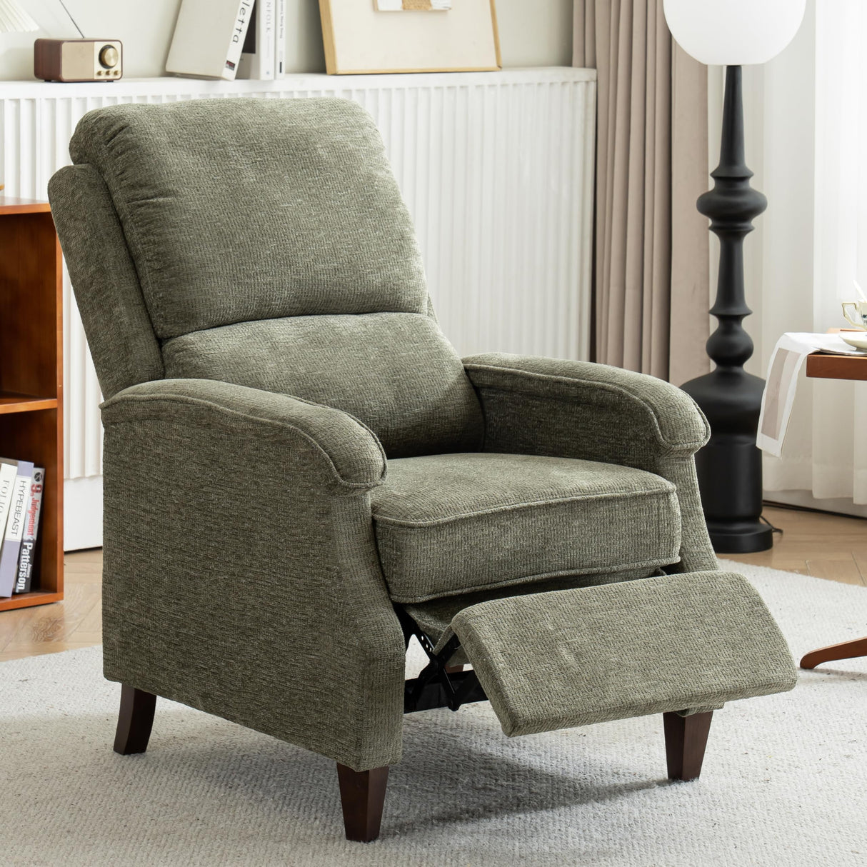 VKNOW Push Back Upholstered Recliner Chair Home Theater Seating Adjustable Modern Fabric Reclining Chair Padded Seat Backrest Recliner Sofa for Living Room (Green) VKNOW