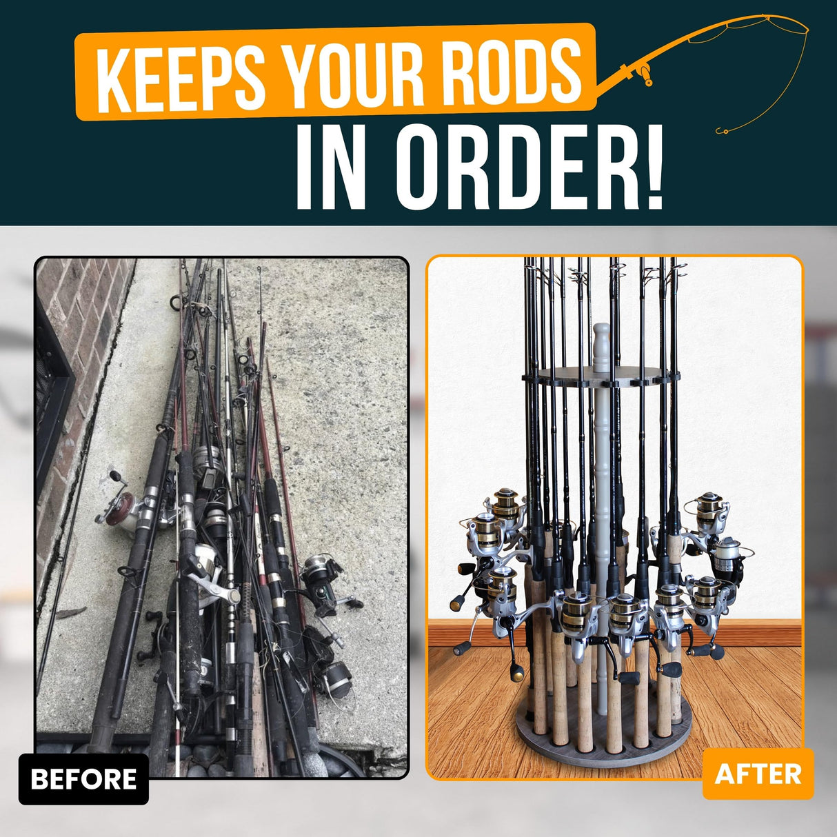 Rush Creek Creations | Fishing Rod Holder for 16 Fishing Poles, Garage Organization and Storage, for Reels, Gear, Accessories, Tackle Box Rush Creek Creations