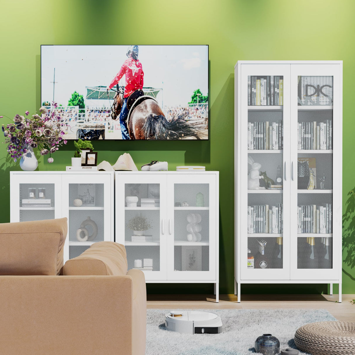 COFaR Metal Mesh Cabinet with 2 Mesh Doors and Adjustable Shelves, Versatile Storage for Kitchen, Laundry Room, Living Room, Office, Curio Display, (72" White) COFaR