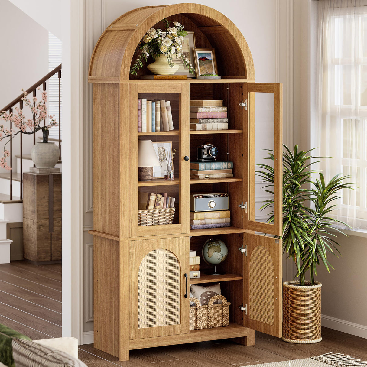 IRONCK Arched Bookshelf with Glass Door, 75" Tall Bookcase with LED, 6 Tier Storage Cabinet with Rattan Door, Large Pantry Cabinet for Living Room Kitchen Office IRONCK