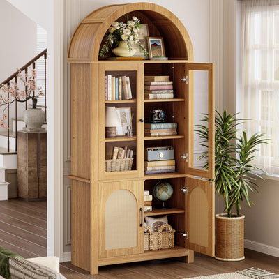 IRONCK Arched Bookshelf with Glass Door, 75" Tall Bookcase with LED, 6 Tier Storage Cabinet with Rattan Door, Large Pantry Cabinet for Living Room Kitchen Office