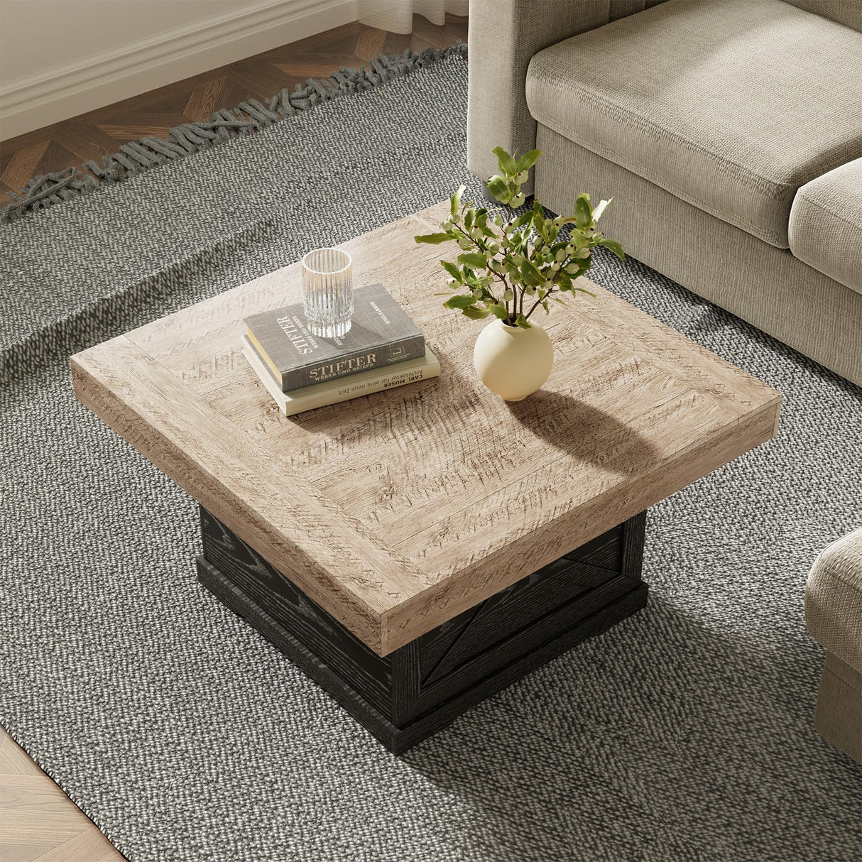 Lareth Coffee Table 31.5 in Rustic Center Table with X Design Wooden Pedestal for Living Room, Dark Oak Square Home Office Sofa Side Table for Small Space, Easy Assembly, Space-Saving Lareth