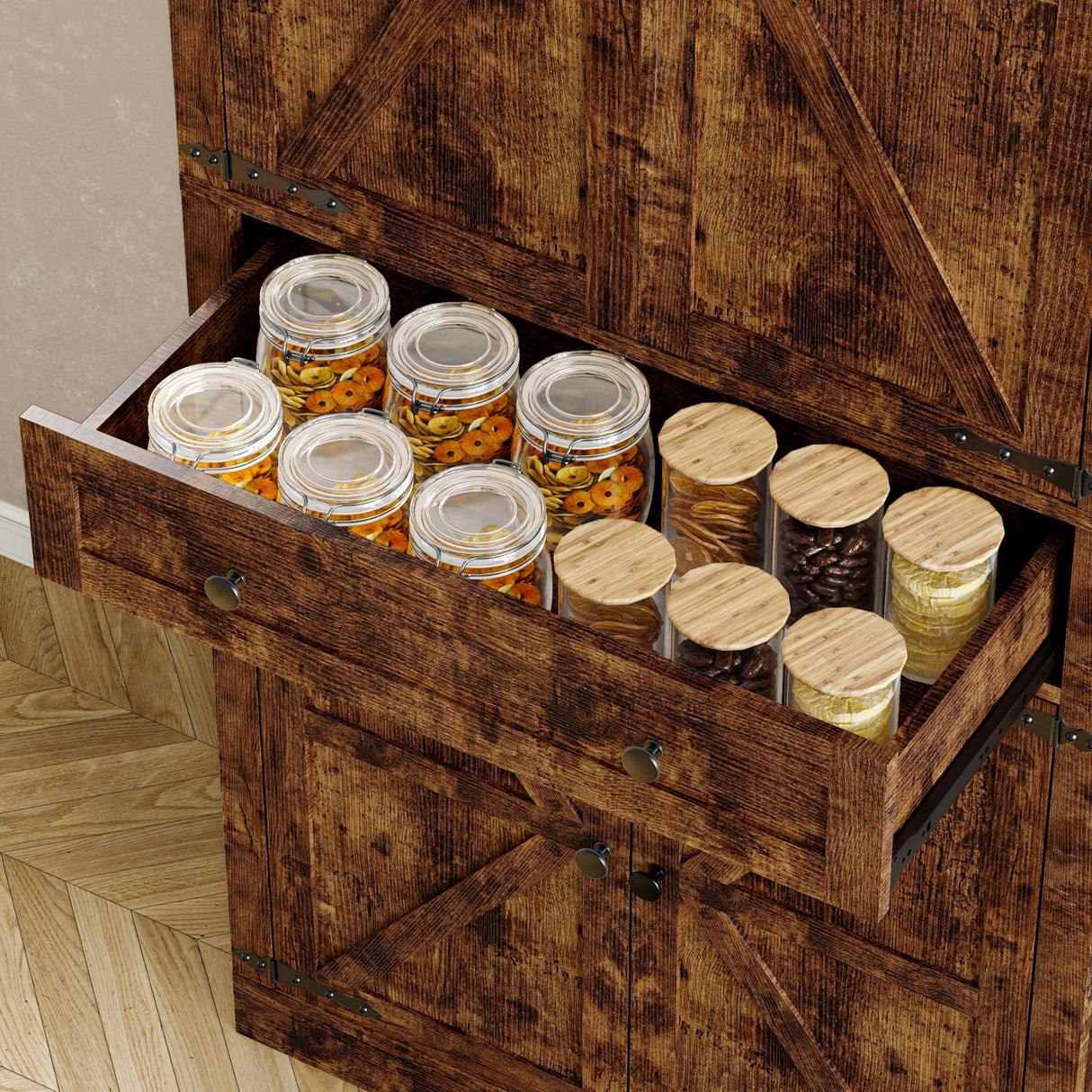 BORNOON Pantry Organizers and Storage Cabinet, 70” Barn Door White Kitchen Cabinet with Drawers and Adjustable Shelf, Tall Pantry for Kitchen, Dining Room, Living Room BORNOON