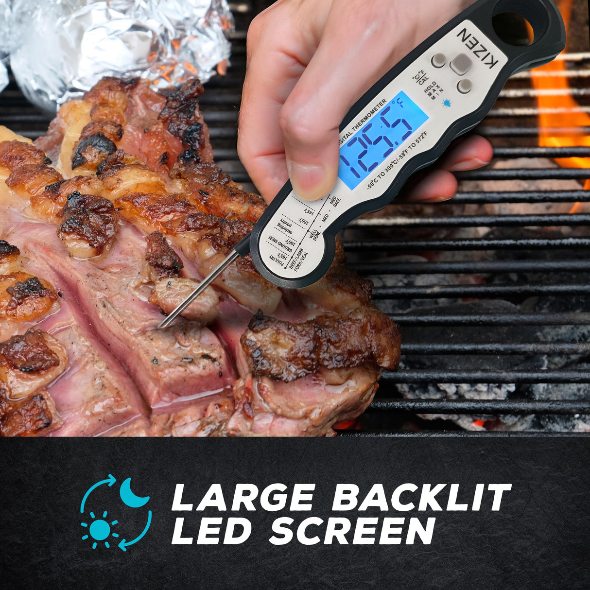 KIZEN Instant Read Meat Thermometer Digital - Food Thermometer for Cooking, Grill, Oven, BBQ - Waterproof and Backlit Display KIZEN