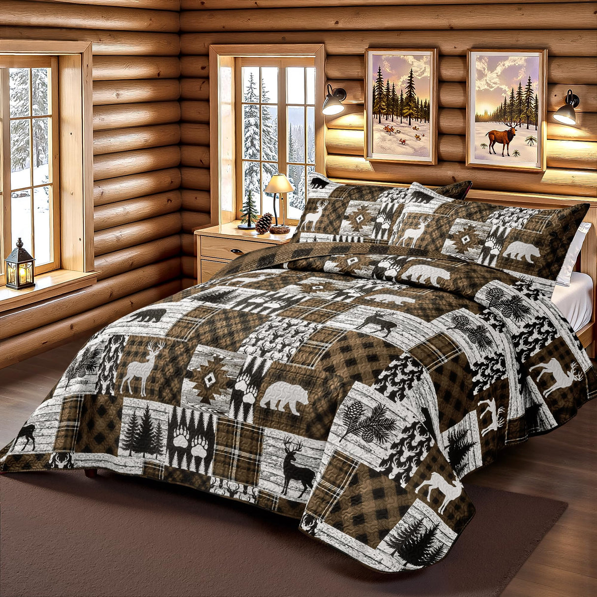 3 Piece Cabin King Size Quilt Sets Farmhouse Rustic Reversible Microfiber Soft Lightweight Bedspread Comforter with 2 Shams Patchwork Country Lodge Bedding Quilts Set for All Season, 106''x96'', Brown Tritard