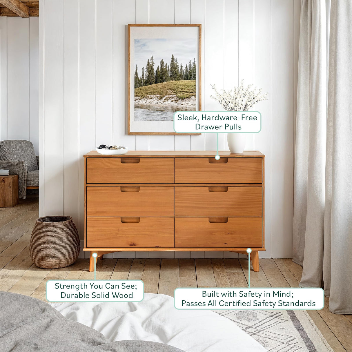 Walker Edison Sloane 6-Drawer Groove Handle Solid Wood Dresser, 52 Inch, Caramel Walker Edison