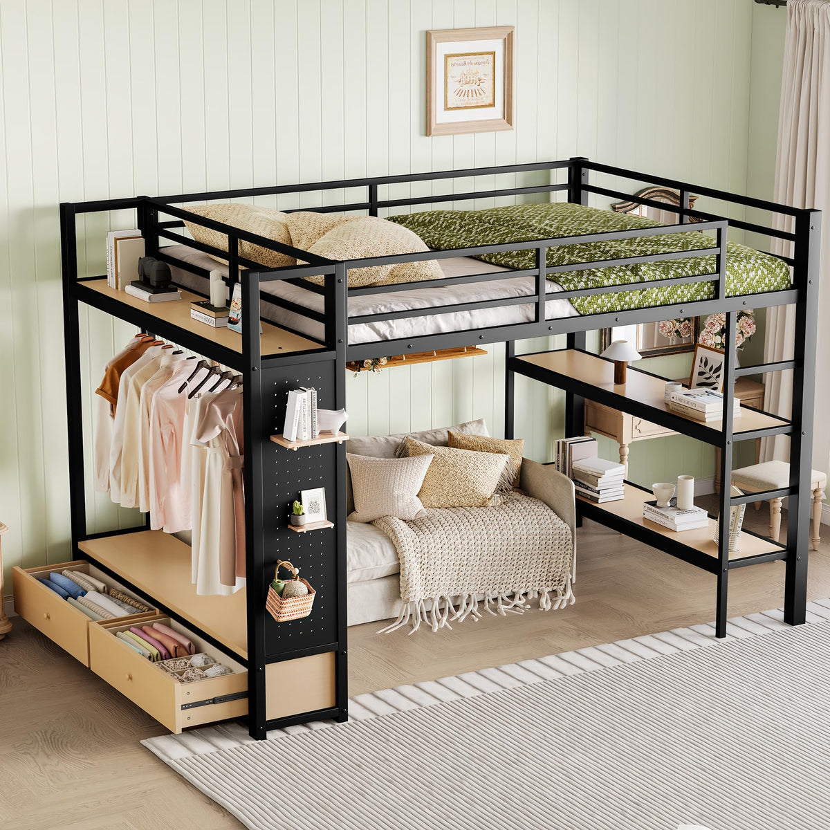 Bellemave Queen Size loft Bed with Wardrobe and Storage Shelves and Pe ...