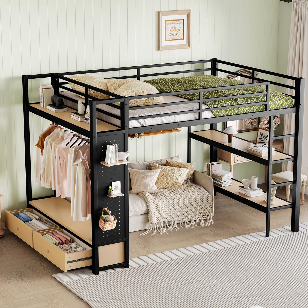 Bellemave Queen Size loft Bed with Wardrobe and Storage Shelves and Pegboard Drawers, Metal Queen Loft Bed Frame for Adults, Kids, Teens, Black Bellemave