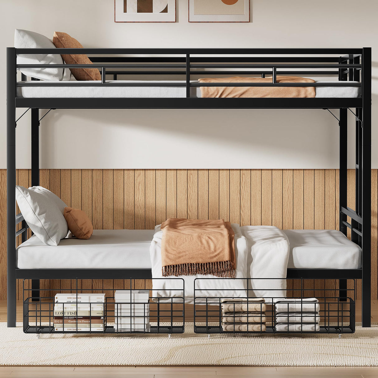 PVWIIK King Over King Bunk Bed with Drawer and Guardrails for Adult Teenagers Bedroom,Metal Bed Frame w/Ladder for Girls, Boys,Modern Style Bed/No Box Spring Required,Black PVWIIK