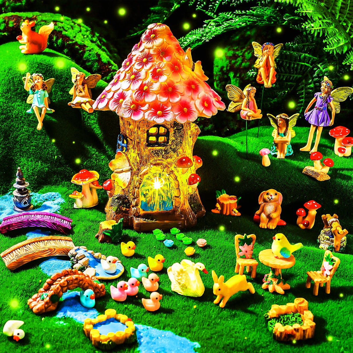 Poen 8'' Solar Light up Fairy House Garden 6-8 Fairy Figures Garden Accessories Kit Animals Doll House Decor Outdoor Micro Landscape Ornaments(Pink) Poen