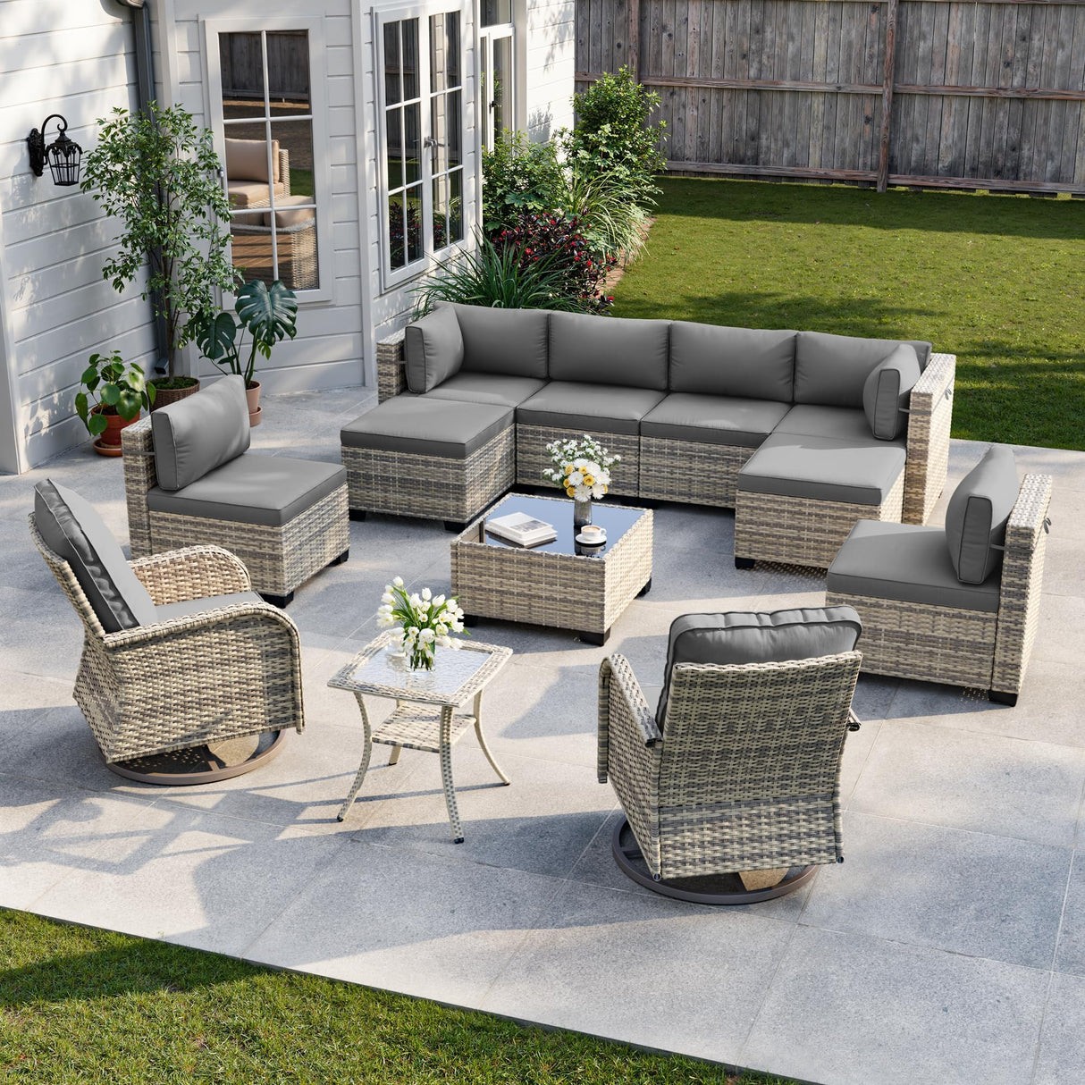 12-Piece Patio Furniture Set, Outdoor Patio Furniture with Swivel Chairs Set, Ottomans, Modular Patio Sofa, Dual-Strand Wicker Rattan, Rust-Resistant Frame, Grey Sweecci