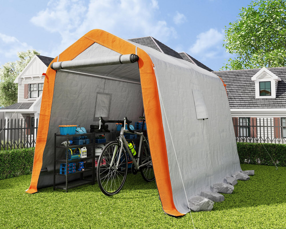 AMERLIFE 6x8x6.6 FT Heavy Duty Portable Shed Storage Shelter, Outdoor Storage Shed with 2 Waterproof Windows & Roll-up Zipper Door, Carport for Motorcycle, Bike, Grey AMERLIFE