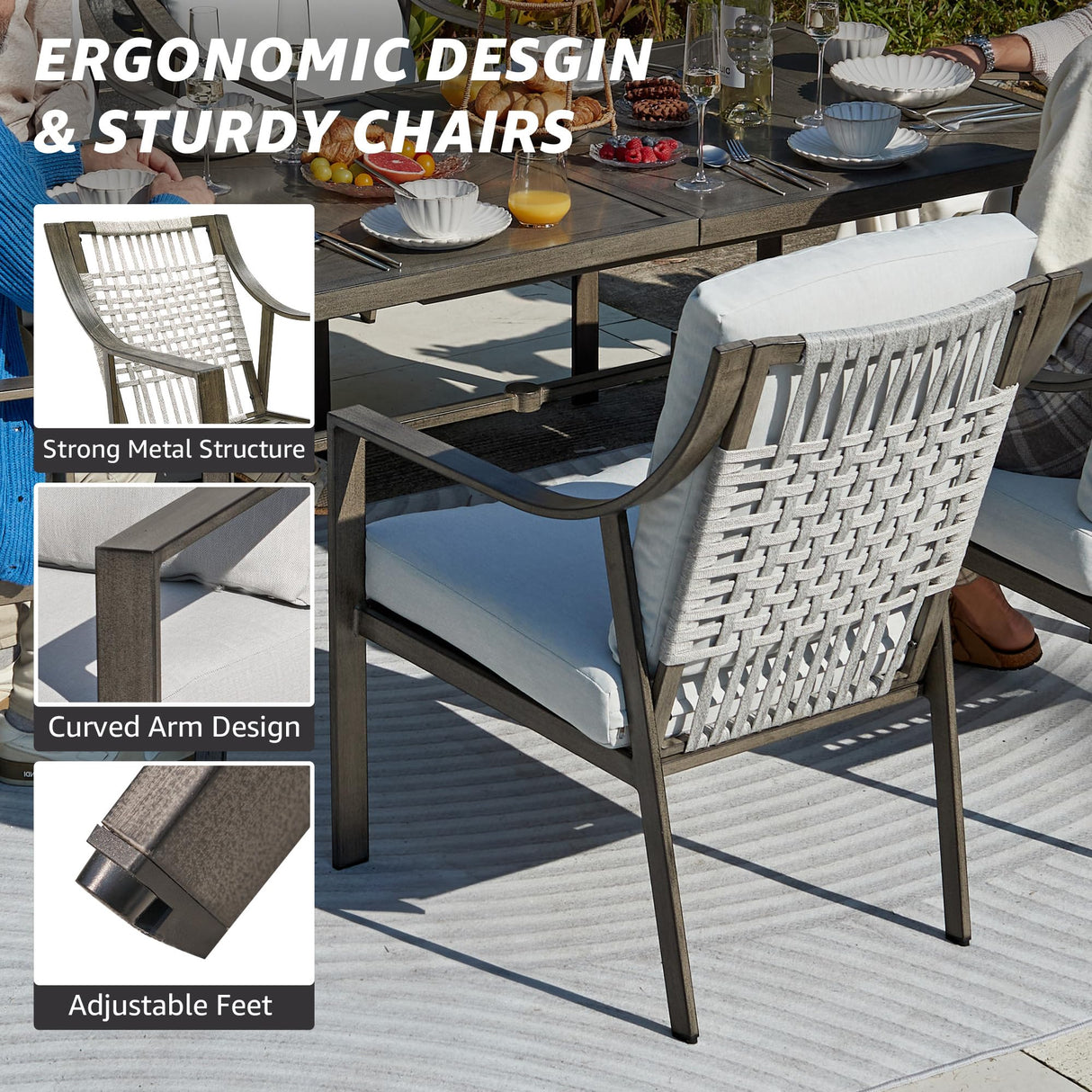 NATURAL EXPRESSIONS 7 Piece Patio Dining Table Outdoor Furniture Set for 6, 4Pcs Fixed and 2Pcs Swivel Patio Dining Chairs with Olefin Cushions, 65”Large Dining Table with Umbrella Hole NATURAL EXPRESSIONS