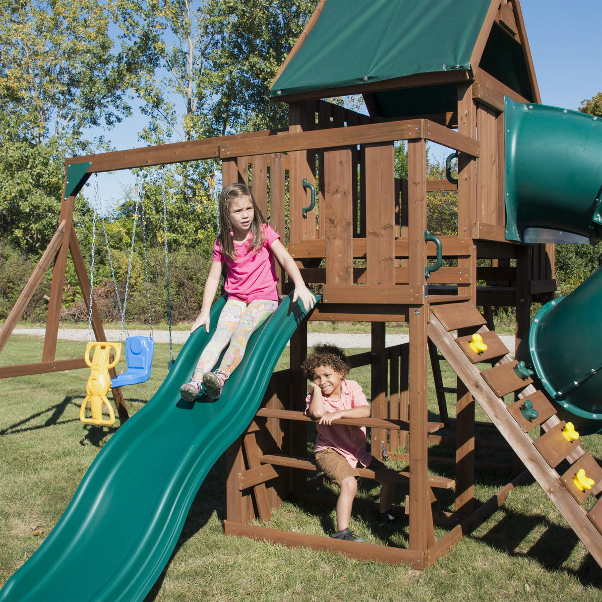 Swing-N-Slide WS 8358 Denali Tower Swing Set with Two Slides, Climbing Wall & Swings, Wood Swing-N-Slide