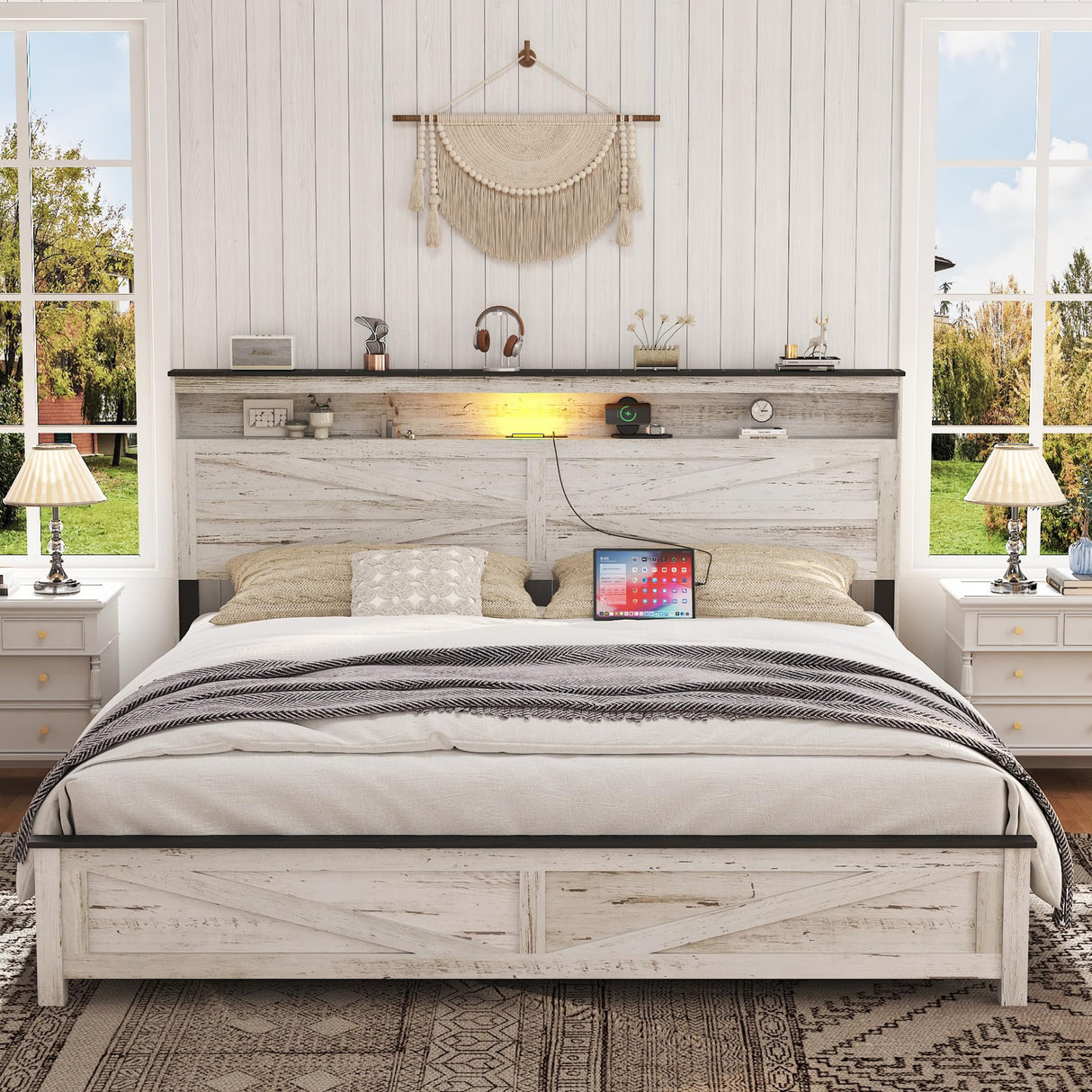 madeslves Farmhouse Wooden Bed Frame King Size with Storage Headboard, Boho Platform Bedframe with LED Lights and Charging Station, Metal Slats Support, No Box Spring Needed, White madeslves