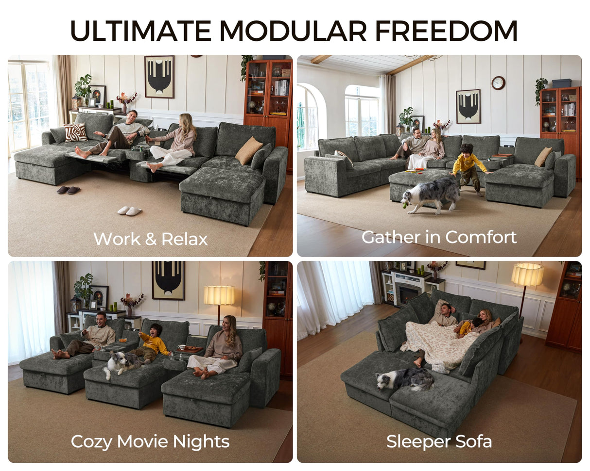 Bedeep Oversized Modular Home Theater Sofa Bed Cloud Couch Sectional, Plush Sleeper Sofa with Versatile Console, Convertible Side Table Charging Storage Cup Holder, Hardware Connected, Chenille, Grey Bedeep