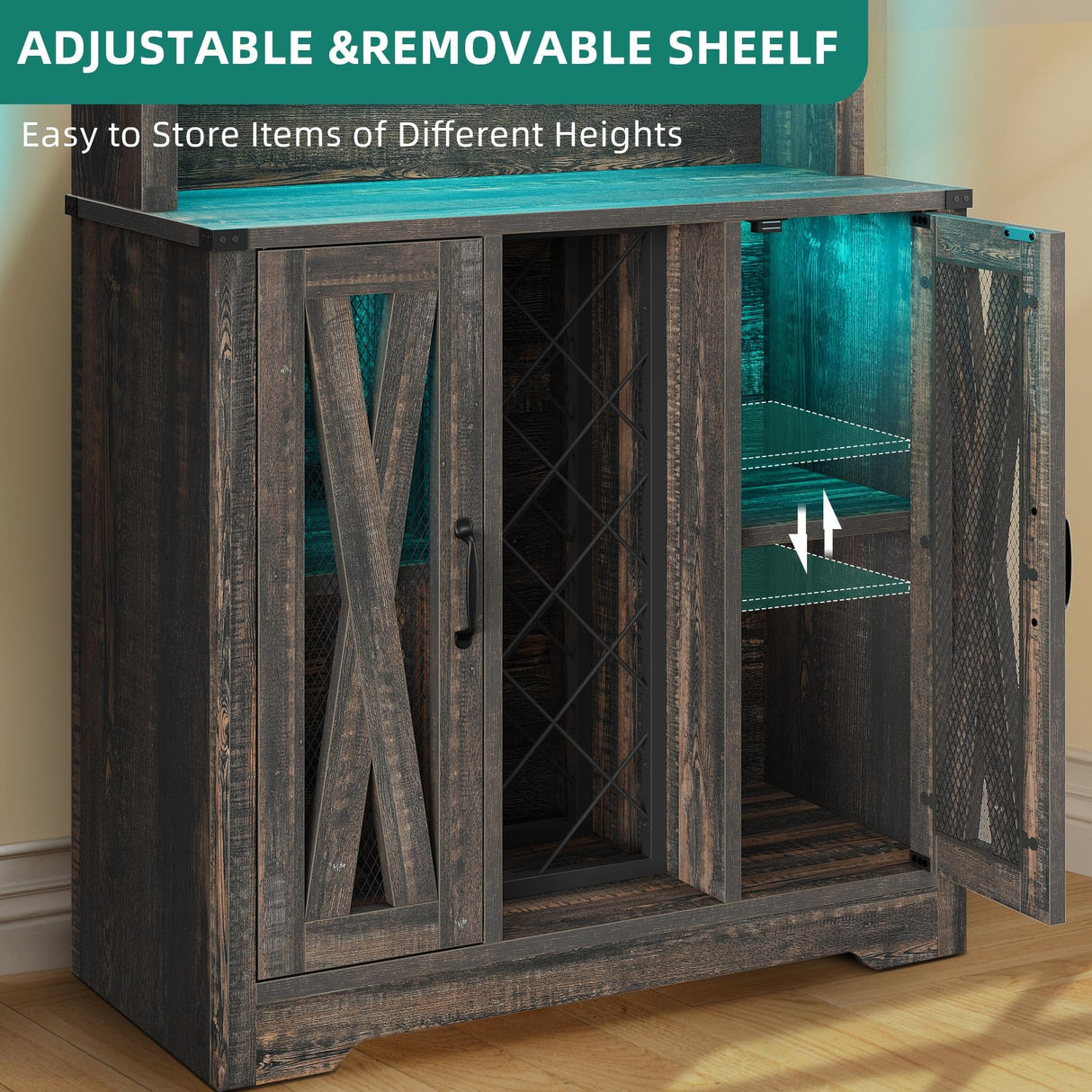 YITAHOME Wine Bar Cabinet, LED Farmhouse Liquor Cabinet Coffee Bar with Adjustable Shelves, 65 Inch Buffet Kitchen Storage Cabinet for Dinning Room, Kitchen, Living Room, Dark Rustic Oak YITAHOME