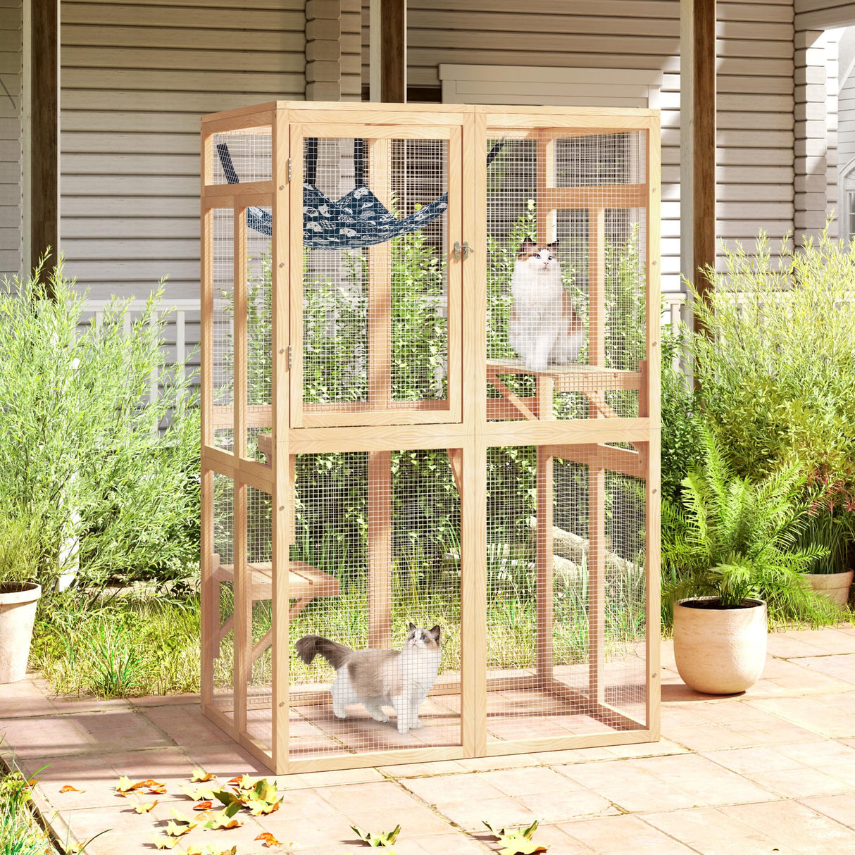 Catio Outdoor Cat Enclosure, Wooden Catio with Window Access for Patio, Indooe Kitty House (Wood) Nyeekoy