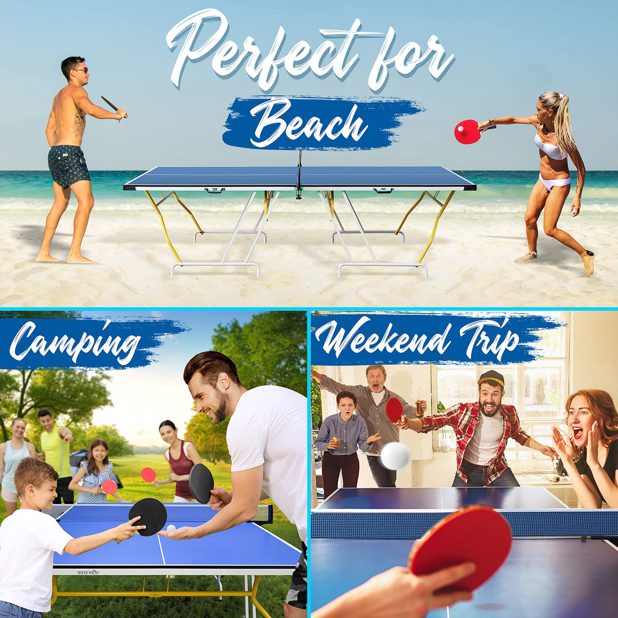 SereneLife Full Size Portable Ping Pong Table Set with Net, Clipper, Post - 9’ x 5’ Foldable Space-Saving Design, Blue SereneLife