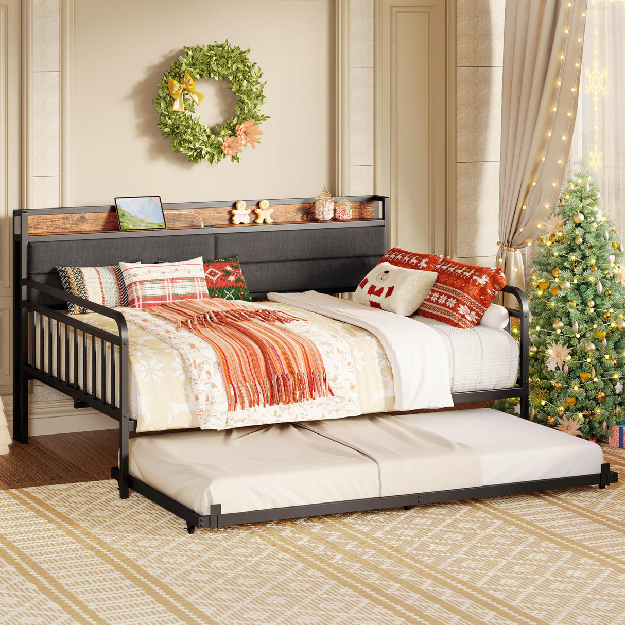 LIKIMIO Daybed with Trundle, Sturdy Metal Full Size Bed Frame with Upholstered Headboard and Charging Station for Living Room, Bedroom and Guest Room, Black LIKIMIO