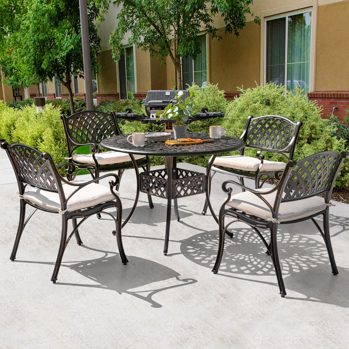 NUU GARDEN 5 Piece Outdoor Patio Dining Set with Beige Cushions, Cast Aluminum Round Dining Table with Umbrella Hole and Patio Dining Chairs for Garden, Balcony, Black with Bronze Edge NUU GARDEN