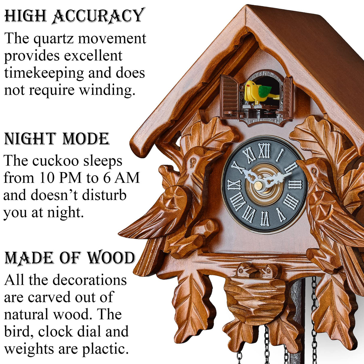 TIMEGEAR Cuckoo Clock with Night Mode, Singing Bird, Wooden Decorations and Swinging Pendulum (Brown) TIMEGEAR