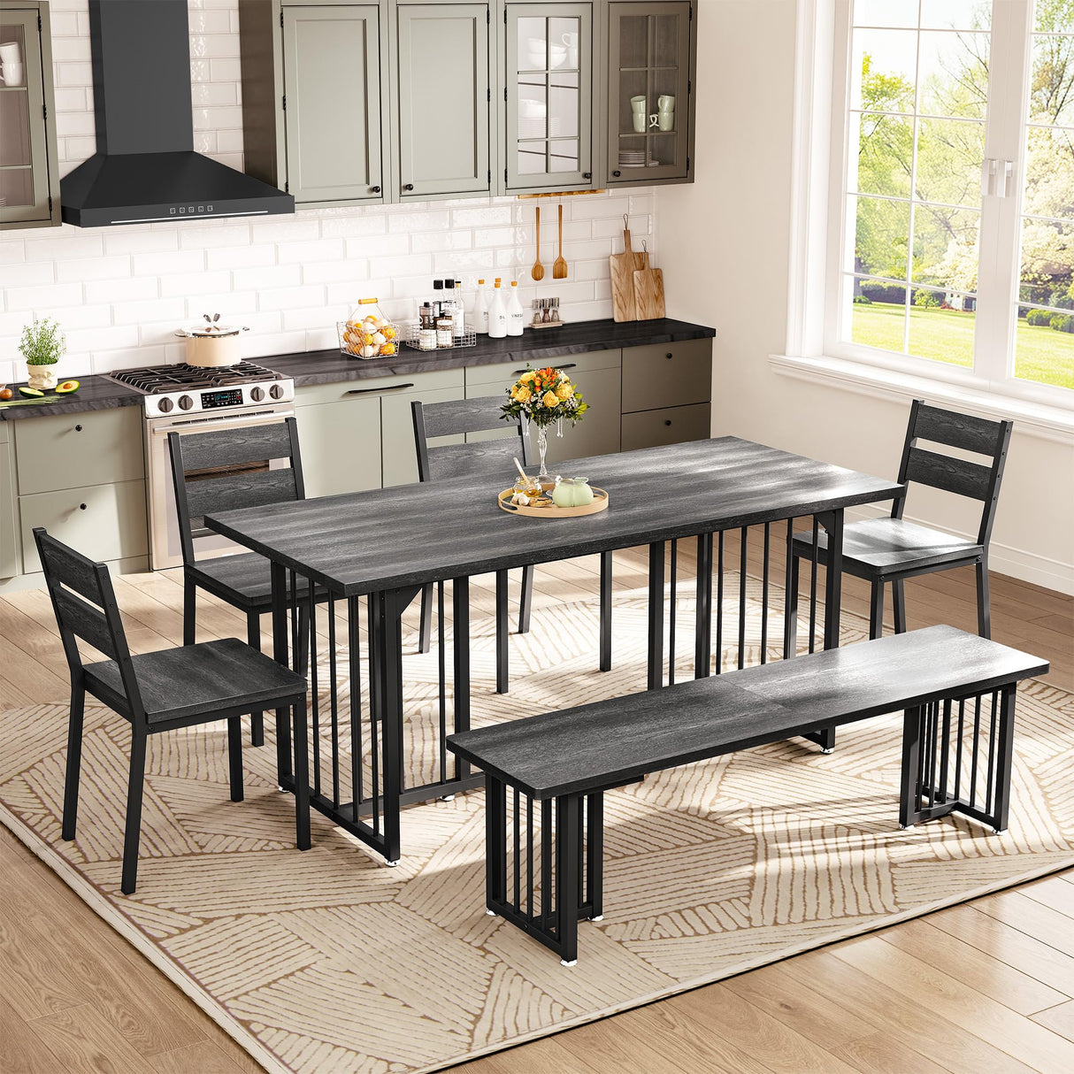 YITAHOME 6-Piece Dining Table Set for 6-8 People, 63 Inch Kitchen Table Set with 4 Chairs and 2 Benches, Farmhouse Rectangular Dining Room Table Set for Kitchen Apartment Saving Space, Dark Grey YITAHOME