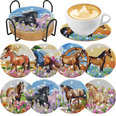 Spring Horse Diamond Art Coasters: 8 Pcs Standing Horse Diamond Painting Coasters with Holder, DIY Crafts Kit for Adults Beginners Home Decor Gifts
