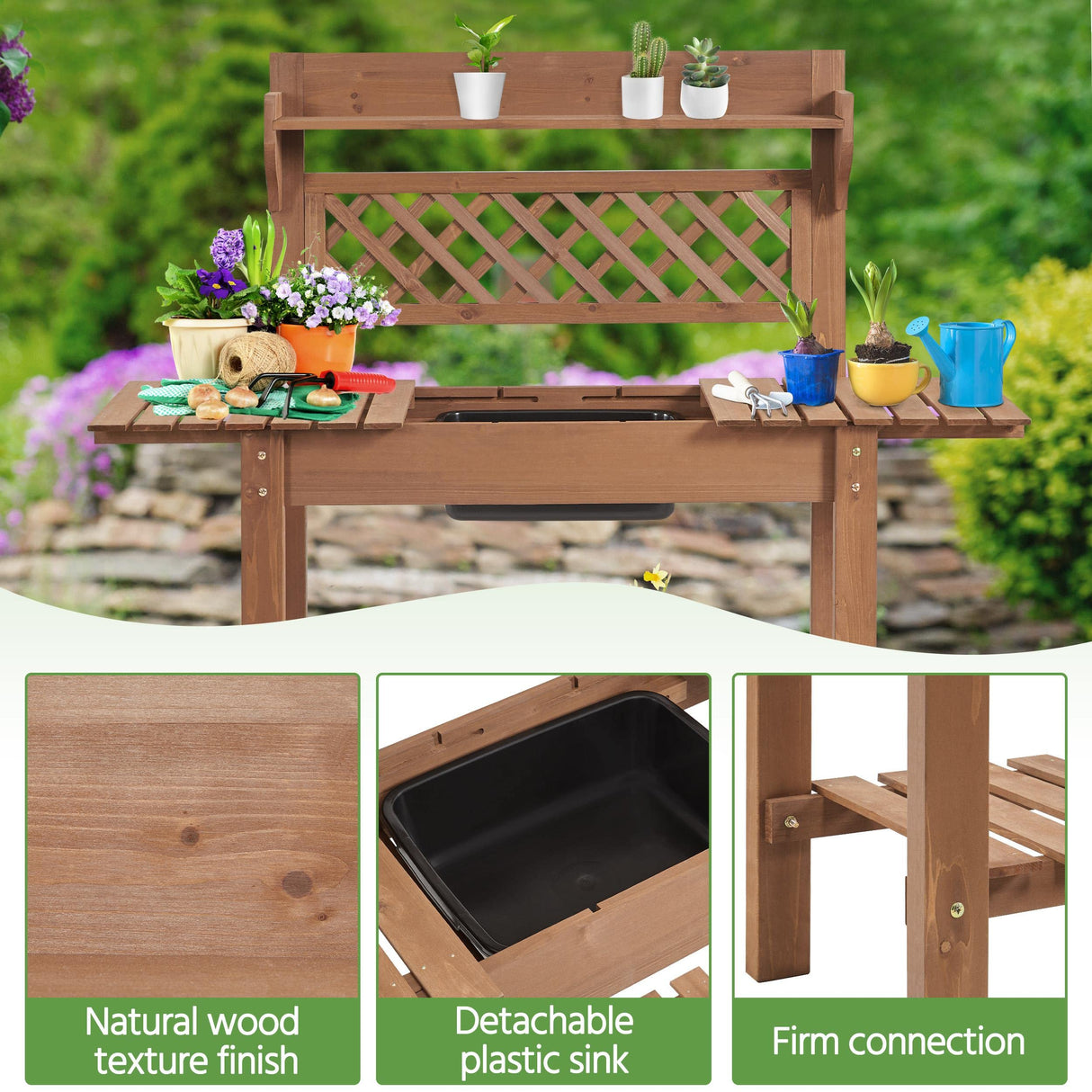 Yaheetech Potting Bench Table Outdoor Garden Horticulture Wooden Workstation Benches w/Sliding Tabletop/Removable Sink/Storage Shelf for Patio, Garden Furniture Wood Workstation,Brown Yaheetech