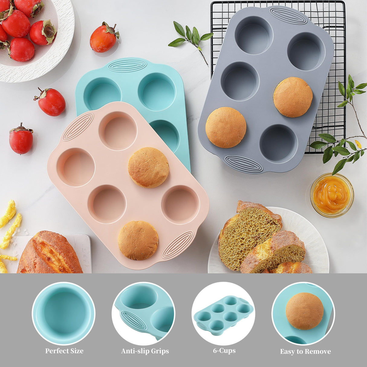 XZZWLL Silicone Muffin Pan, Food Grade Silicone Cupcake Molds for Baking Muffins and Cupcakes, 6-Cup Nonstick Cupcake Pan, Easy Cleaning and BPA-Free (Gray, Orange, Blue) XZZWLL