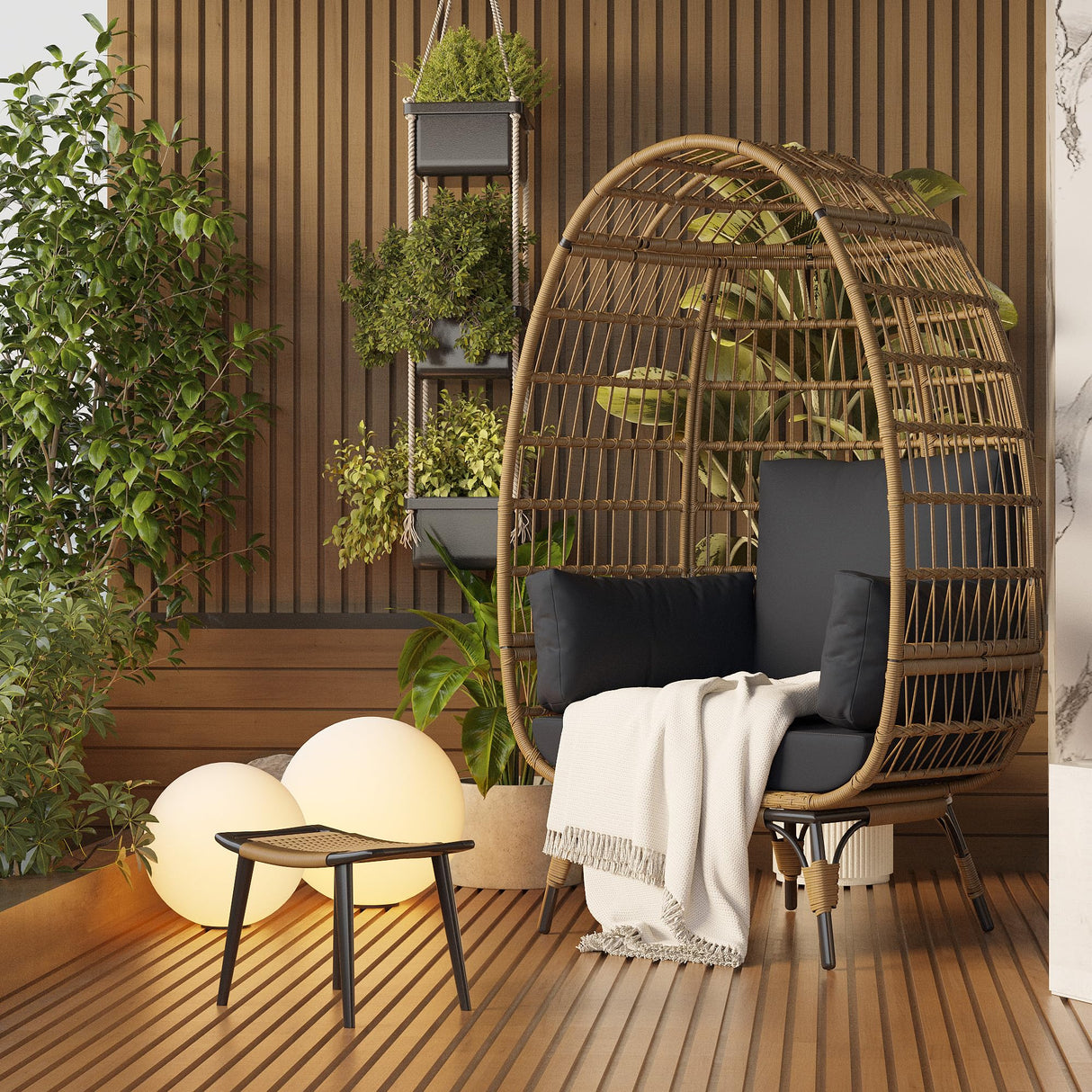 PtioHavn Rattan Egg Chair, Oversized Patio Lounge Chairs with Cushion and Metal Frame Stand, Indoor/Outdoor Egg Basket Chair for Patio, Balcony, Backyard, Living Room - Black PtioHavn