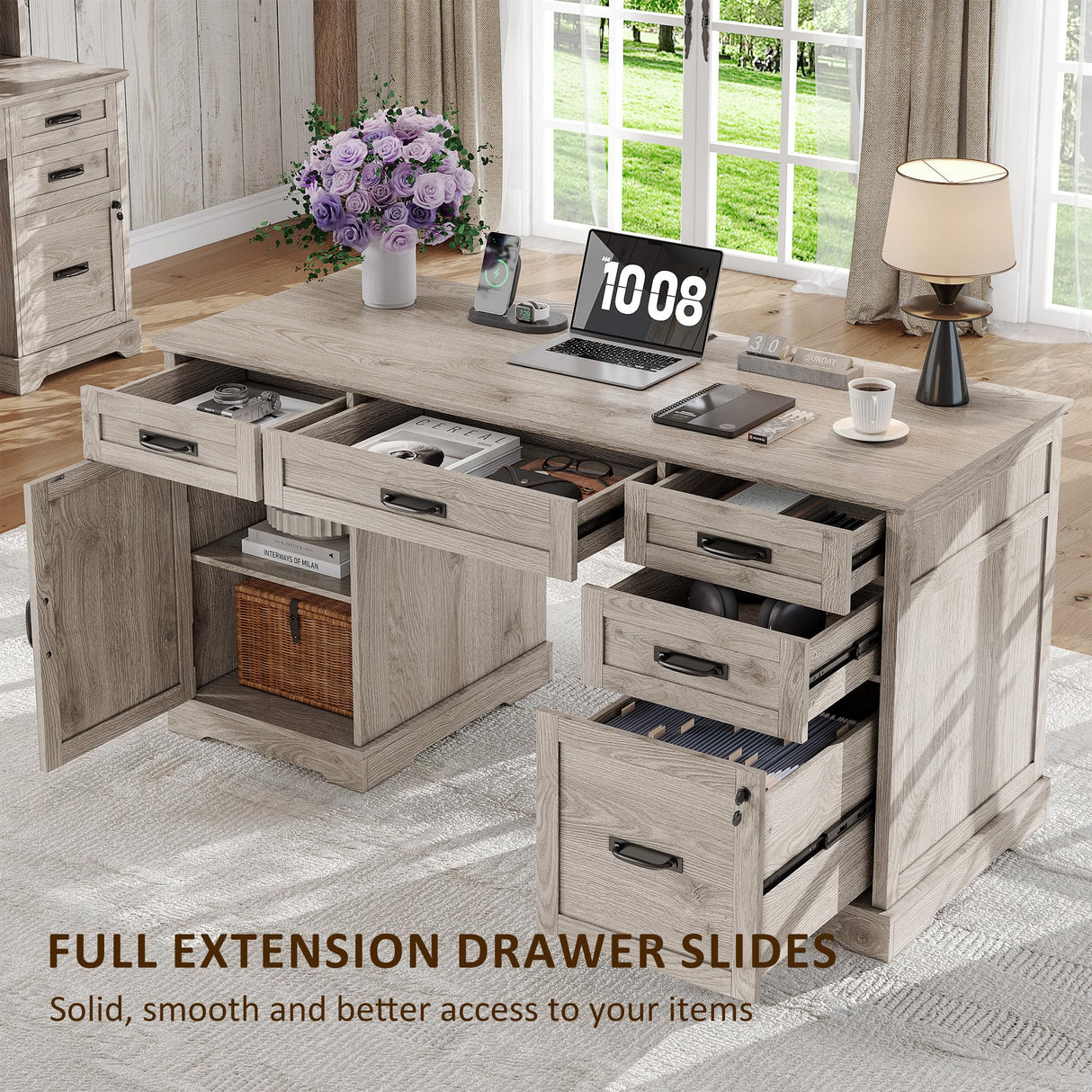 Whalefall 55'' Farmhouse Desk Home Office with Drawers, Executive Computer Desk Wooden with File Cabinet and Charging Station, White Wash Gray Whalefall