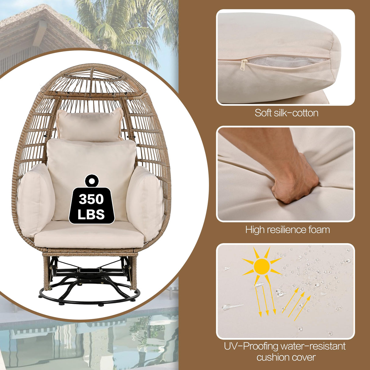 Merax Outdoor Swivel Chair with Cushions, Rattan Egg Patio Chair with Rocking Function for Balcony, Poolside and Garden,Natural+Beige Merax