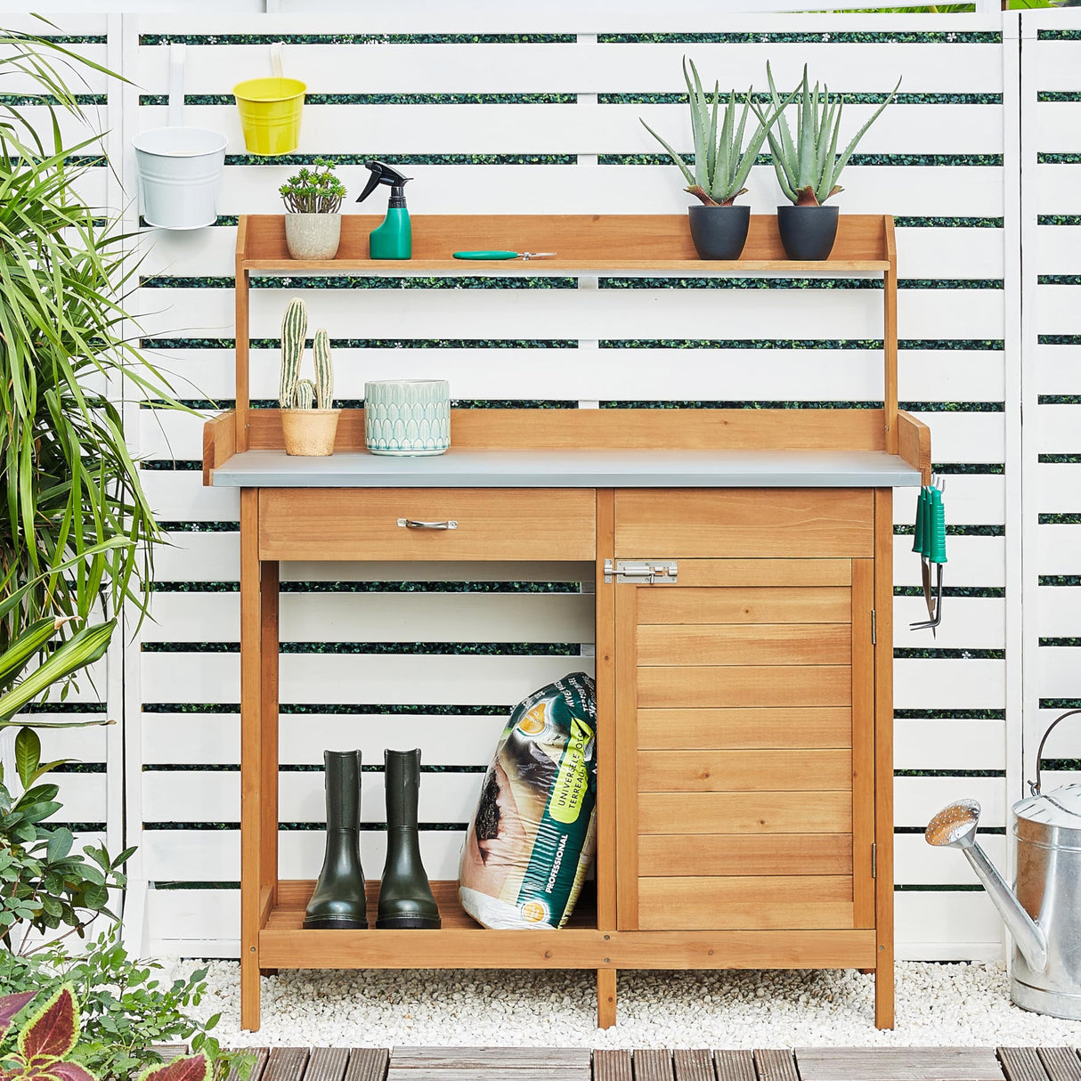 Topeakmart Outdoor Potting Bench Table Work Station Garden Planting with Cabinet & Drawer & Top Shelf & Lower Shelf Natural Wood Topeakmart