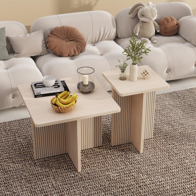 Nesting Wood Grain Color Tables for Living Room: Nesting Coffee Table Set of 2, Modern Wooden Square Center & Side Piece, Fluted Design Small End Stand for Spaces
