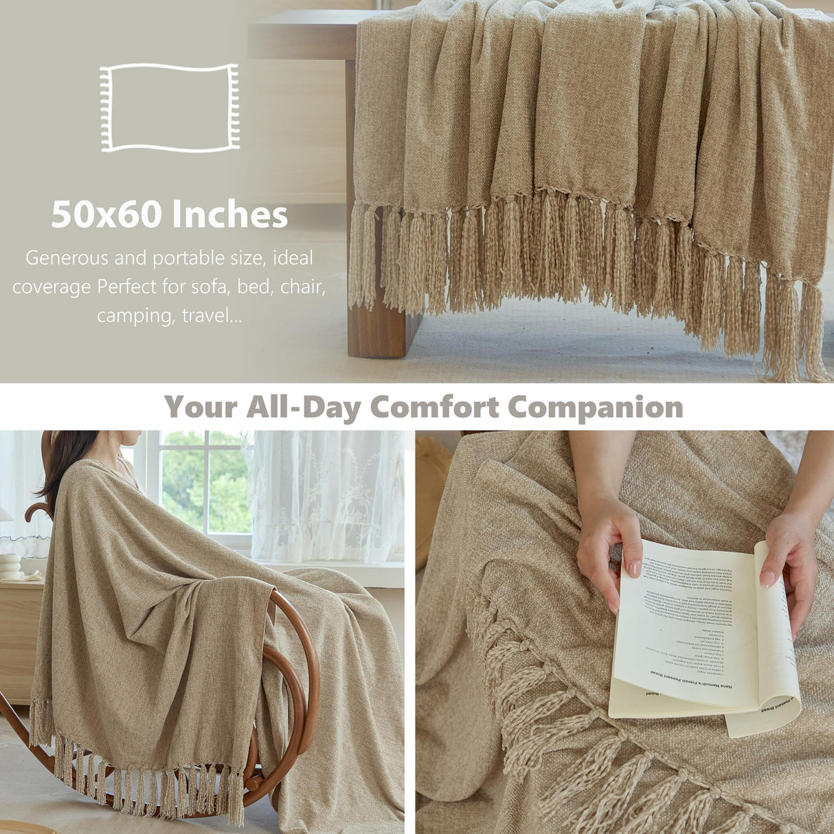 Simple&Opulence Soft Chenille Throw Blanket 50'' x 60'' - Cozy Fluffy Blanket with Fringe Tassel, Farmhouse Boho Blankets for Couch Bed Office Chair Gift Home Decor All Season Use, Khaki Simple&Opulence
