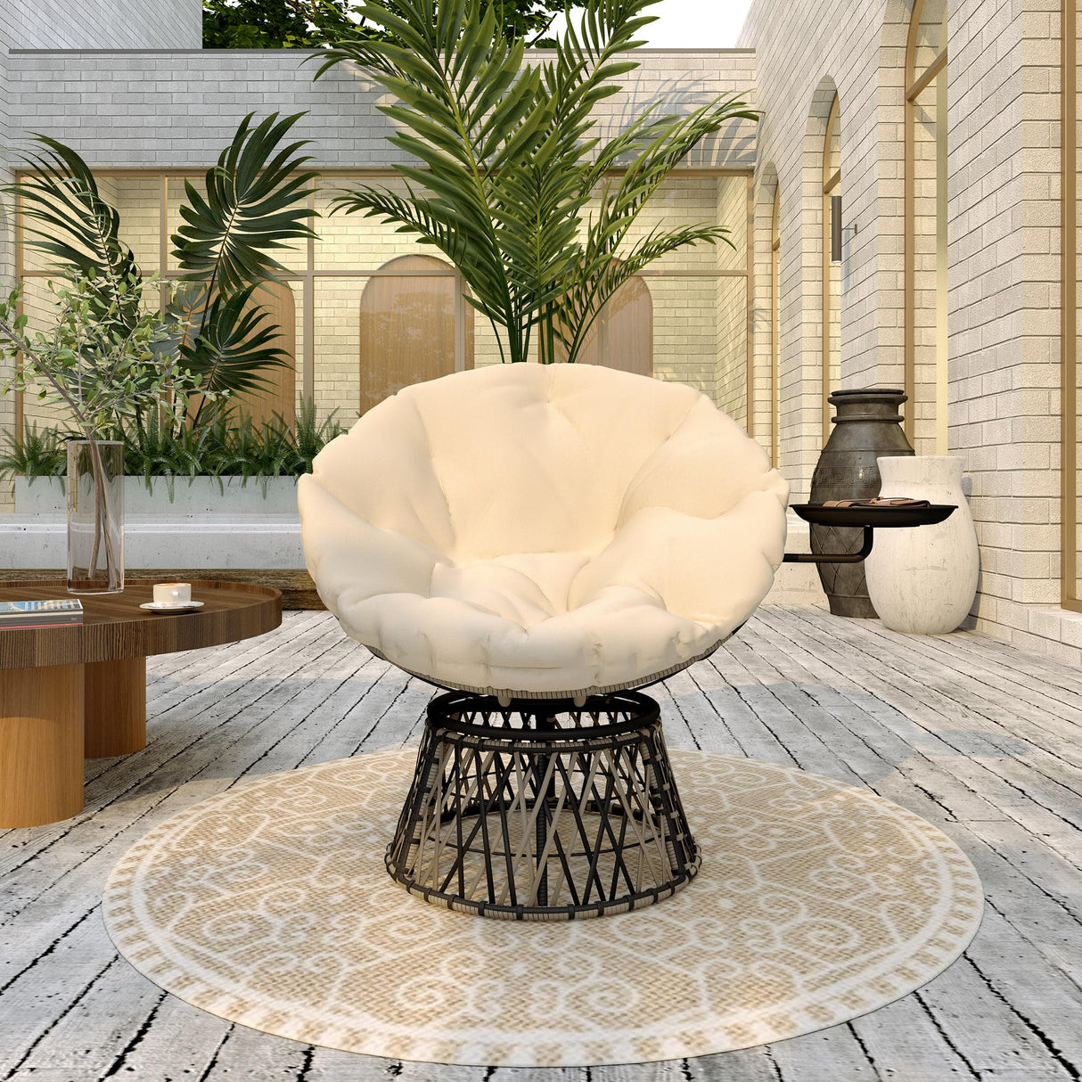 Outsunny 39" Outdoor Papasan Chair with Side Tray, 360° Swivel Overstuffed Circle Chair with Thickened Cushion, Wicker Lounger with Steel Frame for Indoor, Patio, Beige Outsunny