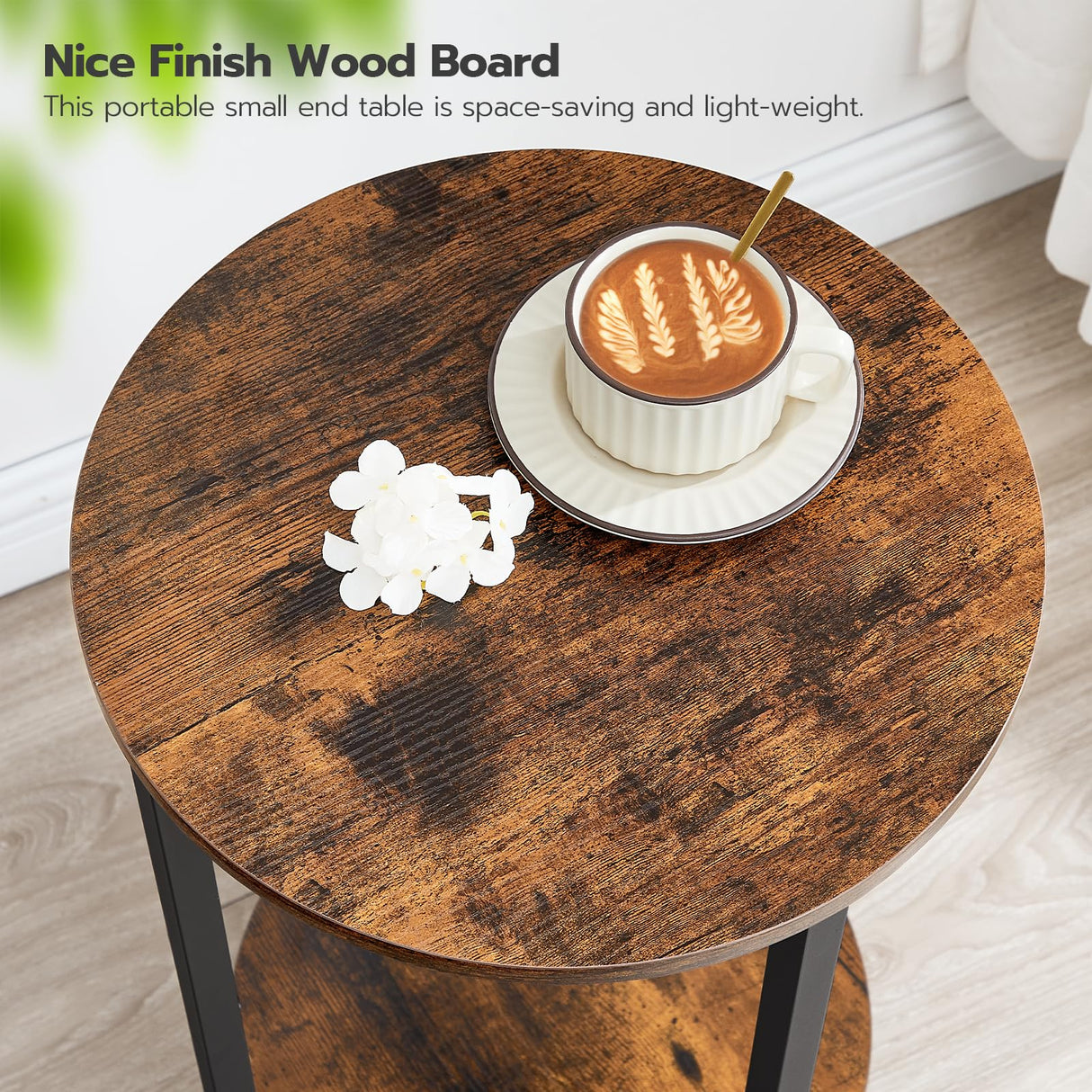 HOOBRO Side Table, Round Sofa Couch Table with Storage Shelf, 2-Tier Industrial End Table, Stable Metal Frame, Wooden Look Accent Table for Small Spaces, Living Room, Bedroom, Rustic Brown BF58BZ01G1 HOOBRO