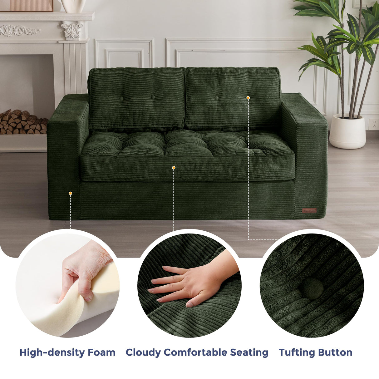 MAXYOYO Bean Bag Chair for Adults, Upholstered Floor Sofa with Armrests, Loveseat Boneless Couch with Tufted Cushion & Backrest, Sofa in A Box, Large Bean Bag Couch for Bedroom Living Room, Green MAXYOYO