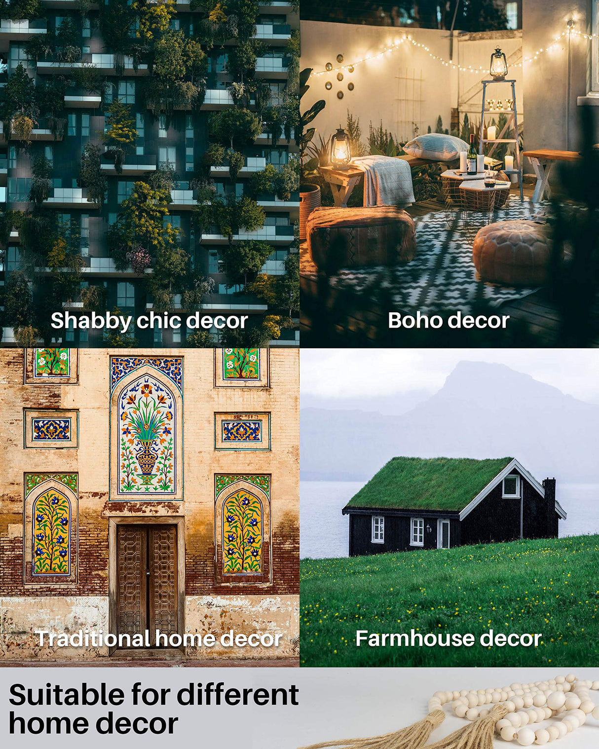 Wood Bead Garland with Tassels, 72 Inch Natural Wooden Beads Garland, 6 Feet Handmade Boho Farmhouse Decor, Coffee Table Decor DF DUALFERV