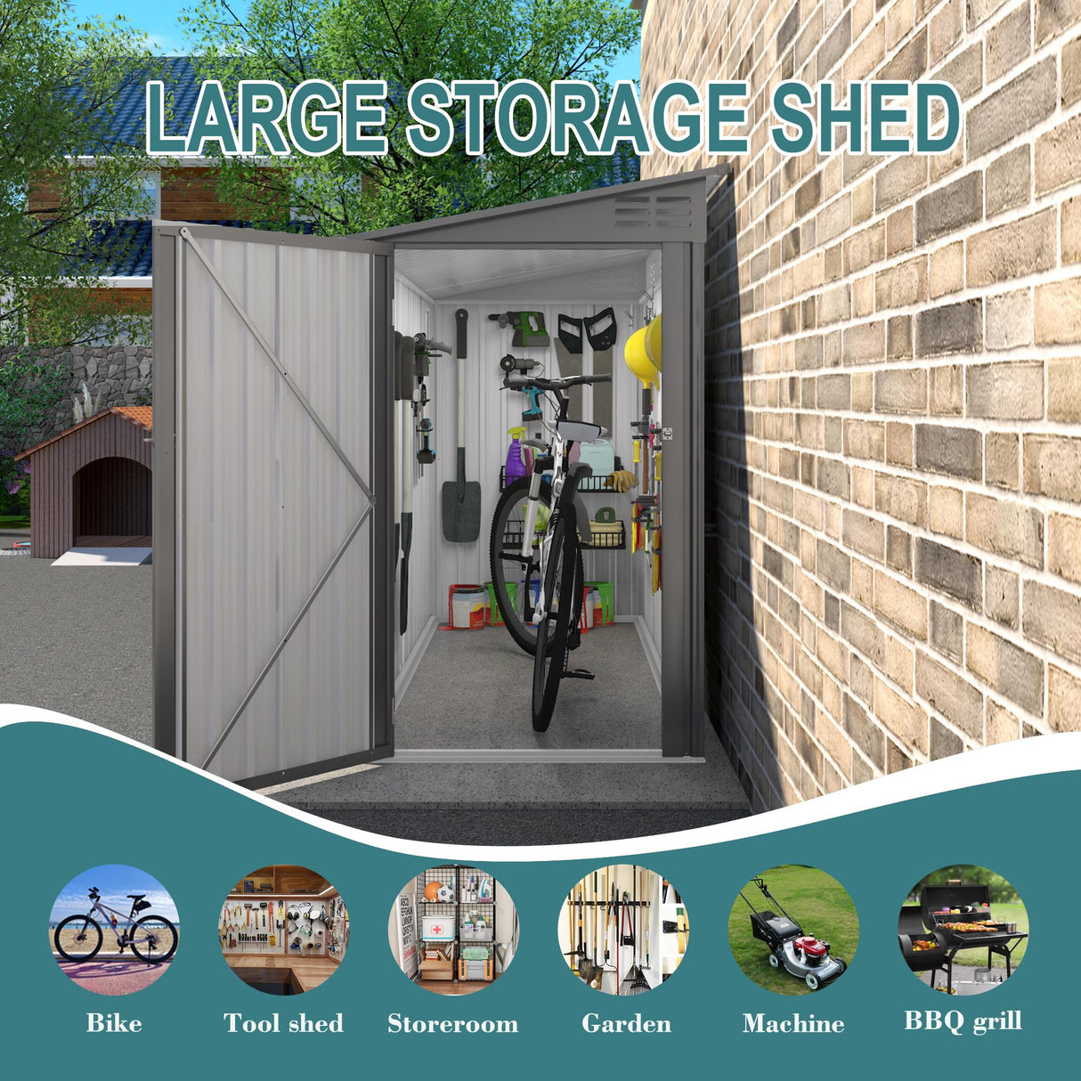 Vigo huseeo 4 * 9.2 FT Outdoor Storage Shed, Galvanized Steel Garden Shed with Lockable Door & Window, Waterproof Metal Tool Storage for Garden, Backyard, Patio, Lawn(Gray) Vigo huseeo