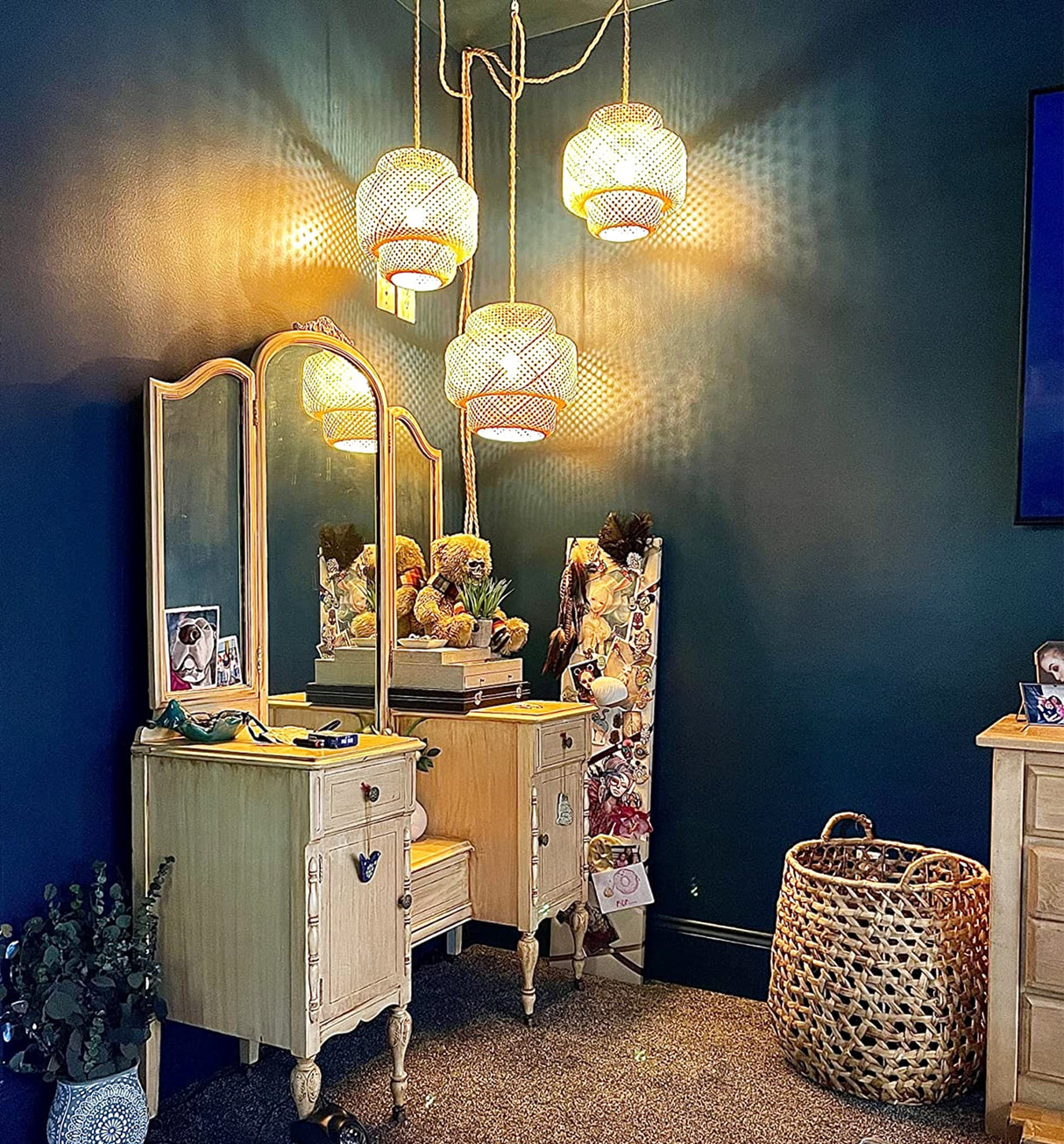 Plug in Pendant Light Rattan Hanging Lights with Plug in Cord Bamboo Hanging Lamp Dimmable,Handmade Woven Boho Wicker Basket Lamp Shade,Plug in Ceiling Light Fixture for Living Room Bedroom Kitchen QIYIZM