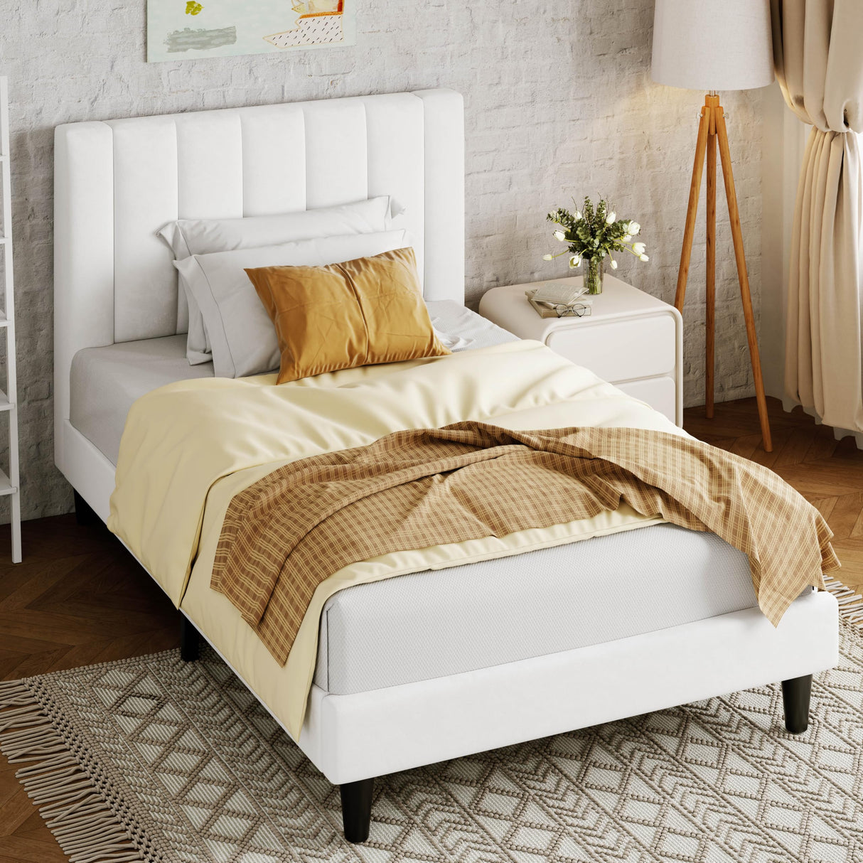 Allewie Twin Bed Frame/Velvet Upholstered Bed Frame with Vertical Channel Tufted Headboard/Strong Wooden Slats/Platform Bed Frame/Mattress Foundation/Box Spring Optional/Easy Assembly/White Allewie