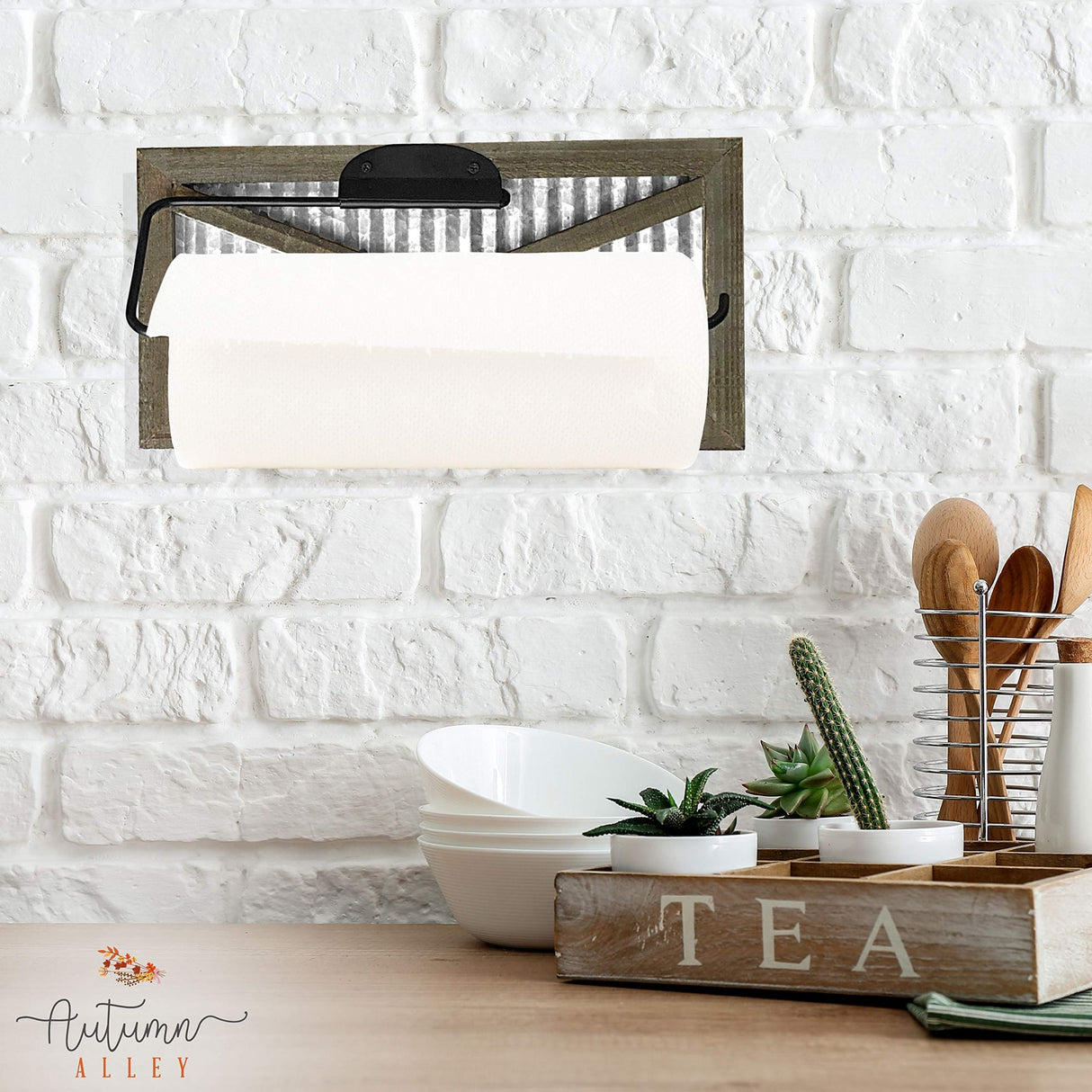 Autumn Alley Rustic Farmhouse Paper Towel Holder Wall Mount - Country Home Decor Rustic Farmhouse for Kitchen - Wood and Galvanized Kitchen Decor - Farmhouse Kitchen Wall Decor Autumn Alley