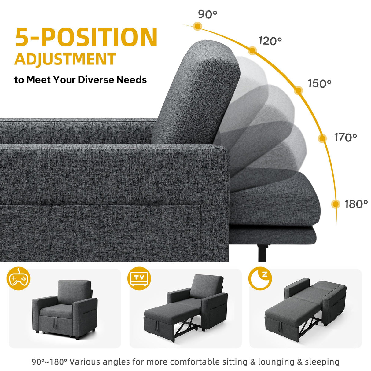 DWVO Convertible Sleeper Chair, 3-in-1 Sofa Bed with Reclining Backrest, 75" Single Sleeper Couch with Pull-Out Bed and Wide Armrest, Linen Futon Sofa for Dorm Apartment, Grey DWVO