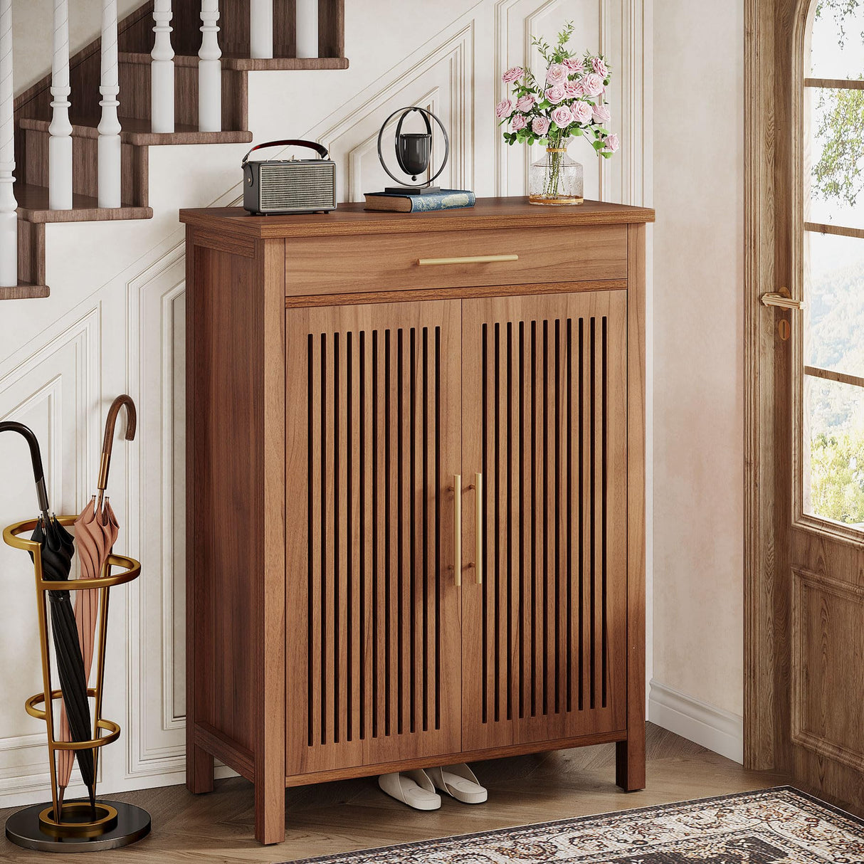 Tribesigns Shoe Cabinet, 5-Tier Shoe Storage Cabinet with Louvered Doors and Drawer, Freestanding Wooden Shoe Rack Organizer with Adjustable Shelves for Entryway, Hallway, Closet, Brown Tribesigns