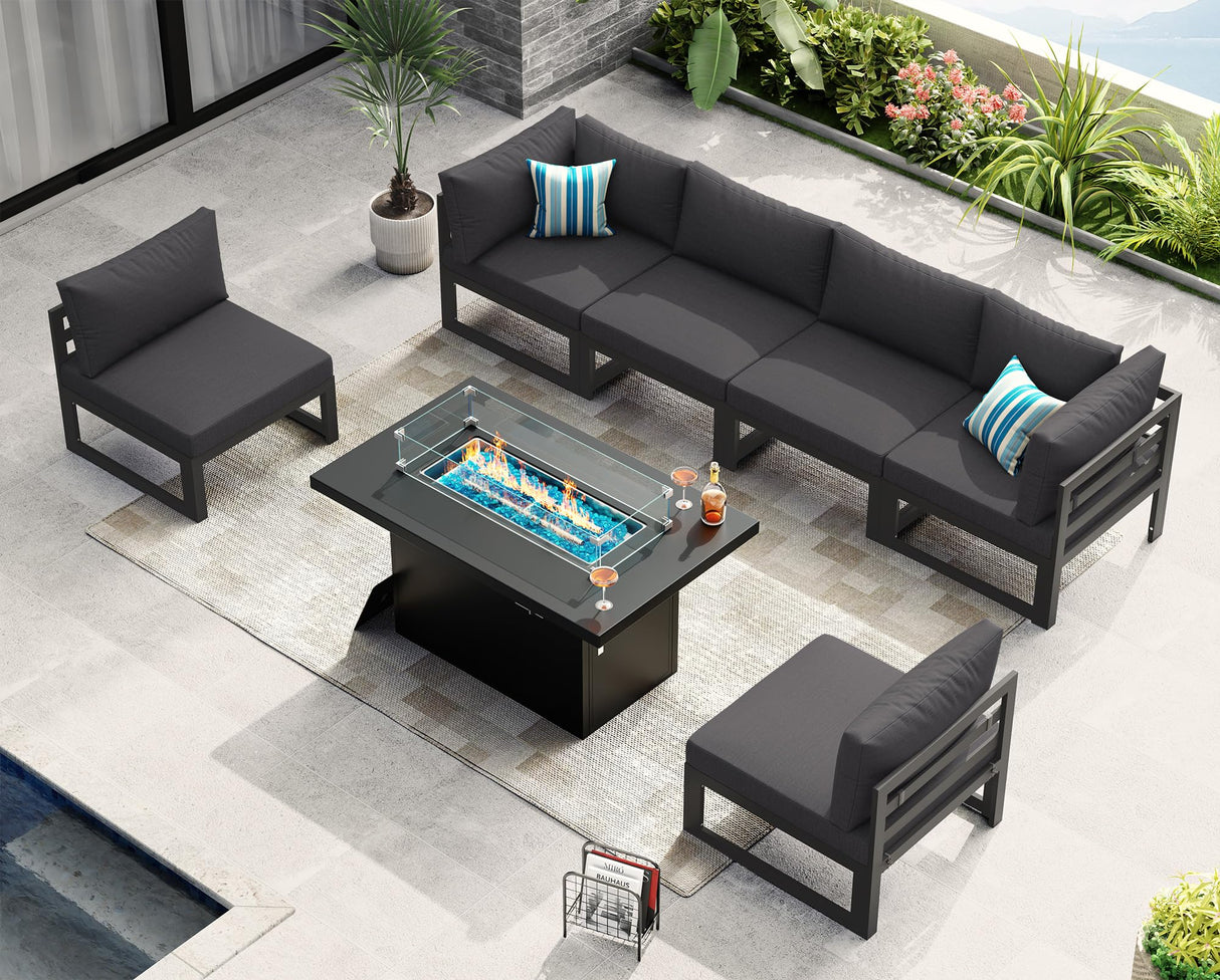 NICESOUL 7 Piece Modern Aluminum Outdoor Furniture Set with Fire Pit Propane/Gas, 29 inch Deep Wide Seat, All Weather Patio Conversation Set, L Shaped Modular Sectional Sofa for Backyard, Dark Gray NICESOUL