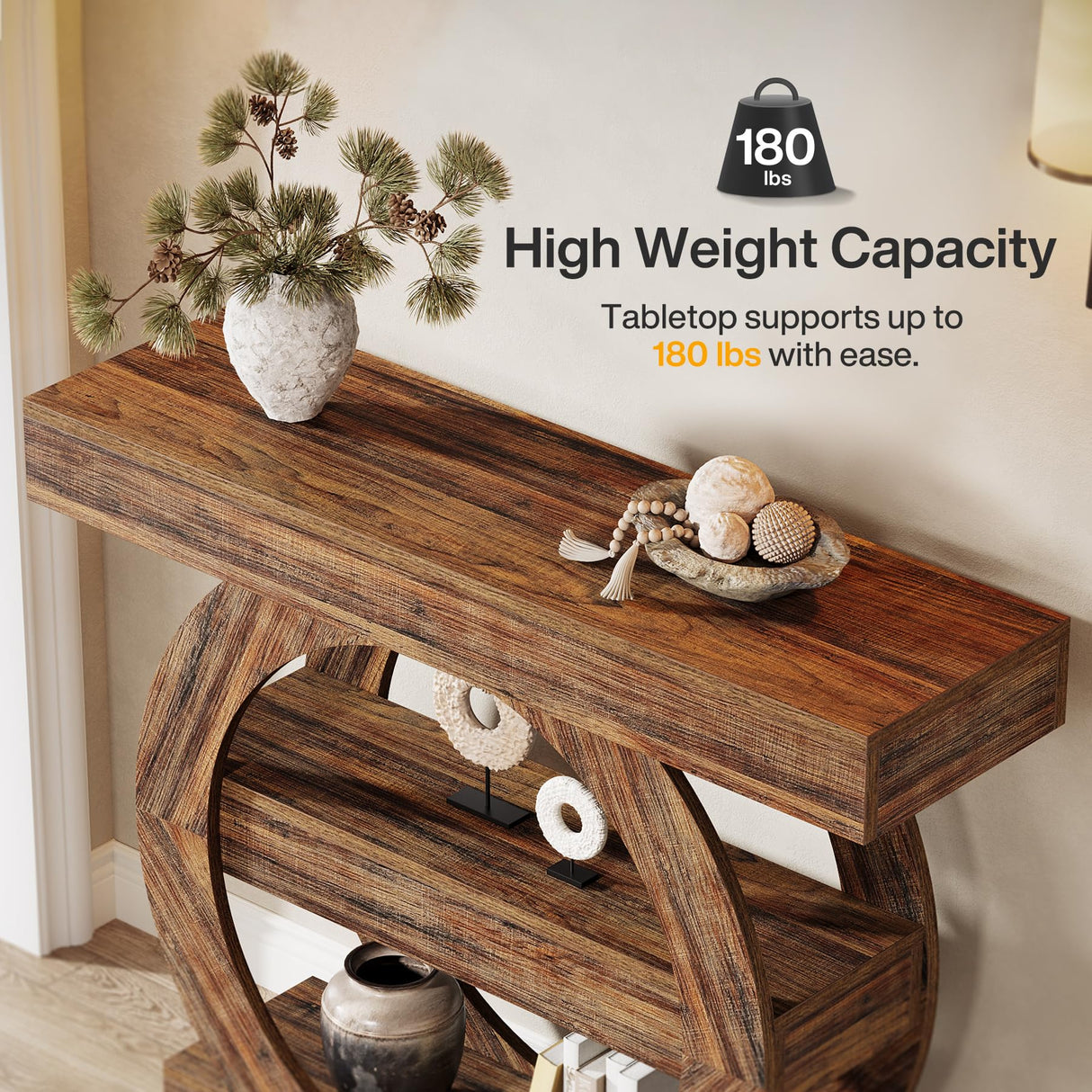 Tribesigns 41.3" Farmhouse Console Table, 3-Tier Sofa Table Behind Couch with Circle Base, Entryway Furniture with Storage Shelves for Living Room, Hallway, Foyer (Rustic Brown) Tribesigns