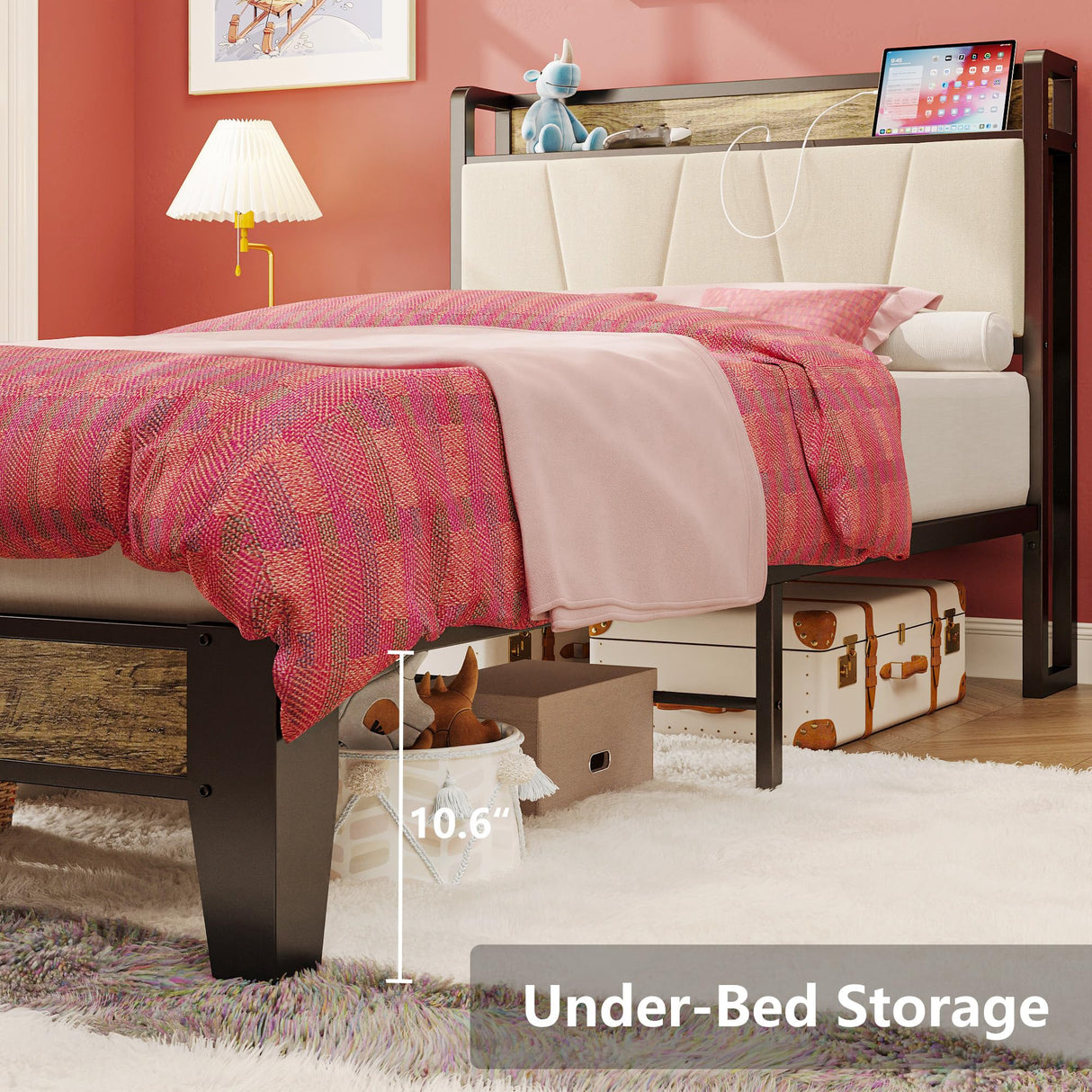 LIKIMIO Twin XL Bed Frame with Storage Headboard and Charging Station - Stylish Walnut and Beige Design LIKIMIO